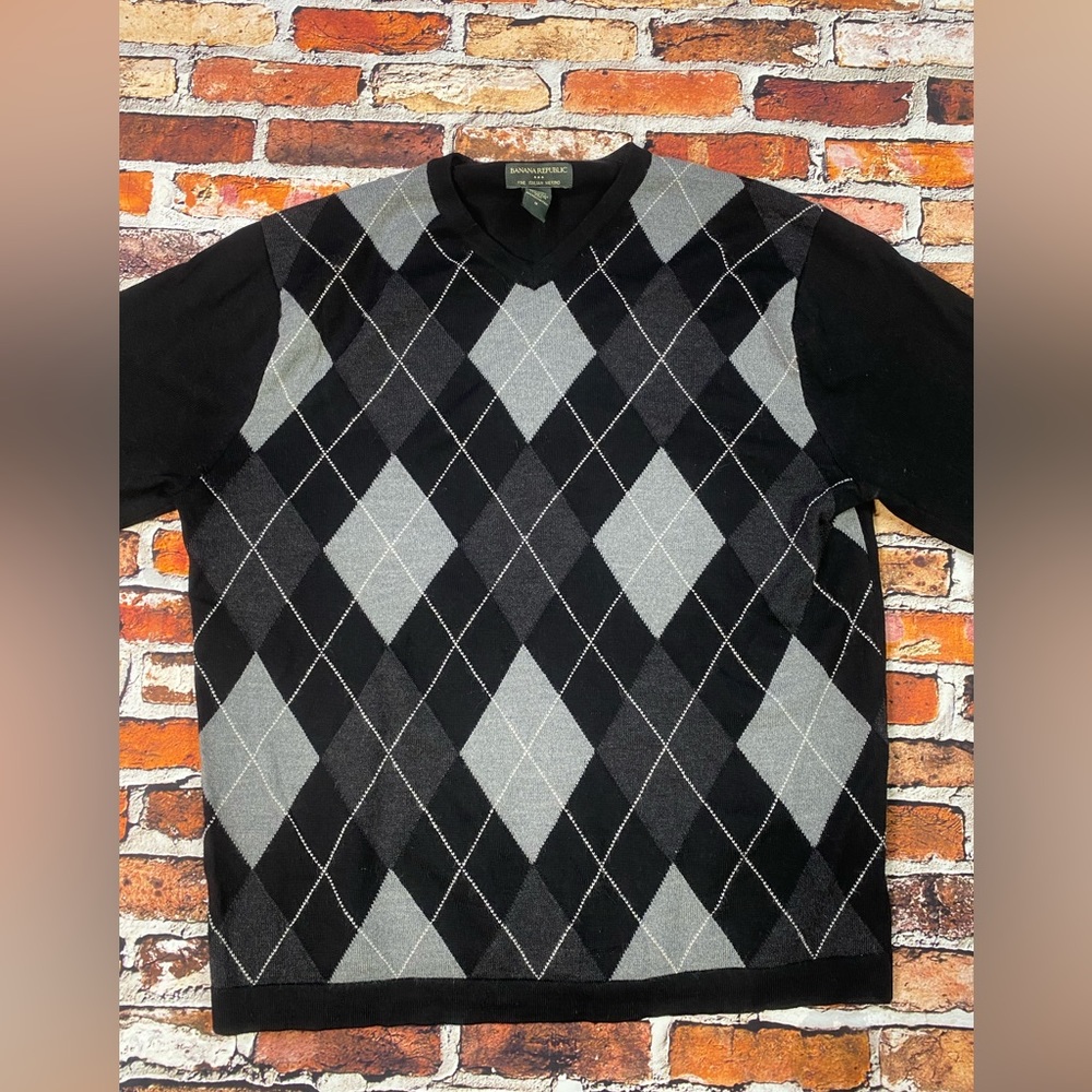 Banana Republic Men’s Argyle Sweater Merino Wool Pullover Black Size Medium